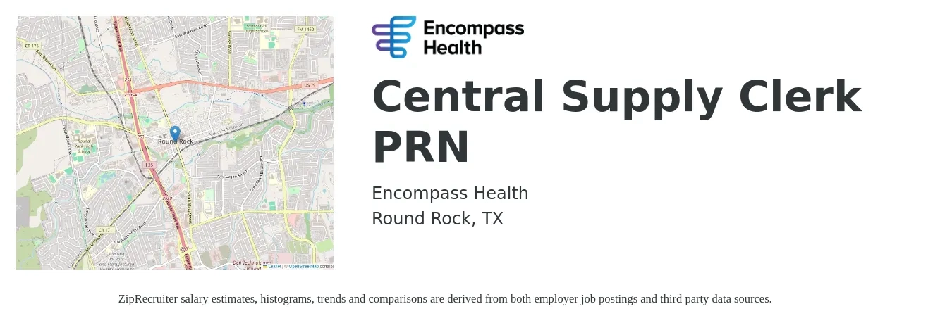 Encompass Health job posting for a Central Supply Clerk PRN in Round Rock, TX with a salary of $16 to $19 Hourly with a map of Round Rock location.