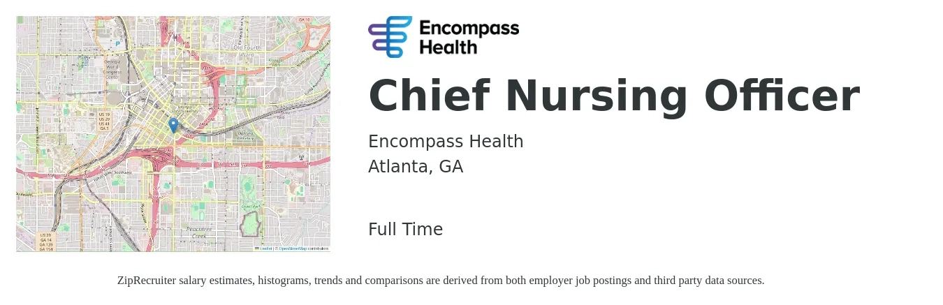 Encompass Health job posting for a Chief Nursing Officer in Atlanta, GA with a salary of $121,400 to $166,600 Yearly with a map of Atlanta location.