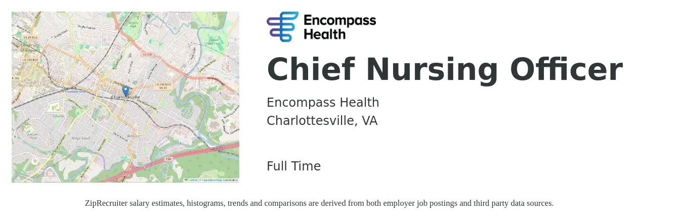 Encompass Health job posting for a Chief Nursing Officer in Charlottesville, VA with a salary of $125,000 to $171,600 Yearly with a map of Charlottesville location.
