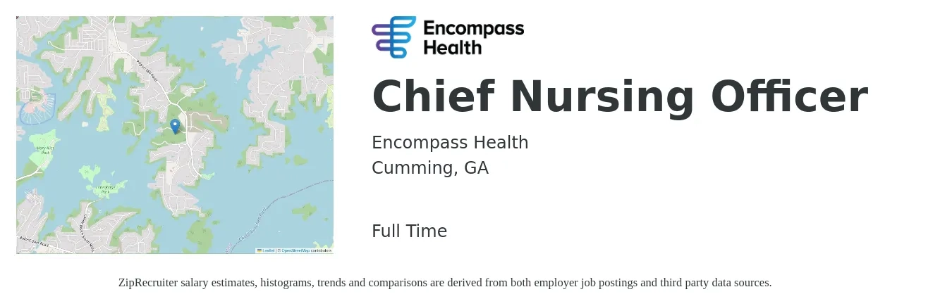 Encompass Health job posting for a Chief Nursing Officer in Cumming, GA with a salary of $112,700 to $154,700 Yearly with a map of Cumming location.