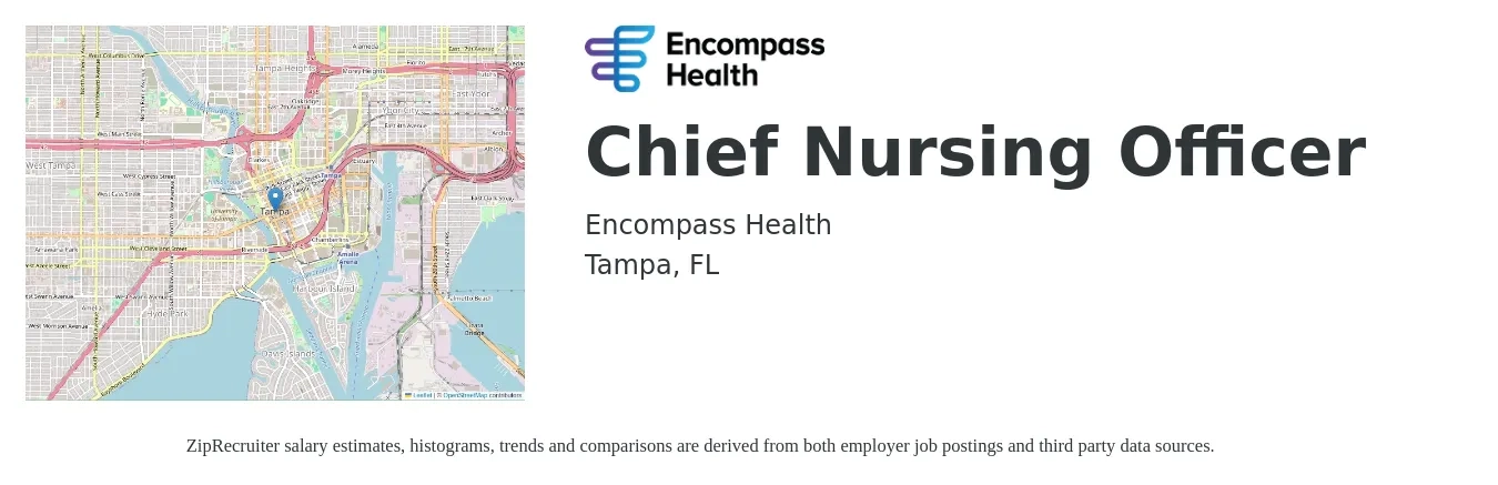 Encompass Health job posting for a Chief Nursing Officer in Tampa, FL with a salary of $119,100 to $163,500 Yearly with a map of Tampa location.
