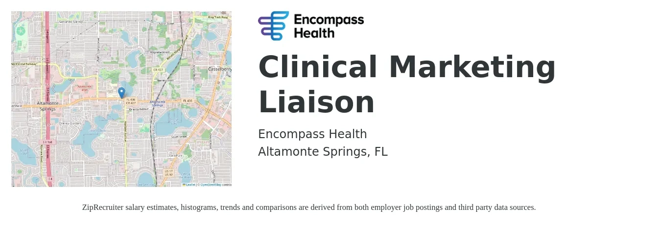 Encompass Health job posting for a Clinical Marketing Liaison in Altamonte Springs, FL with a salary of $61,600 to $82,300 Yearly with a map of Altamonte Springs location.