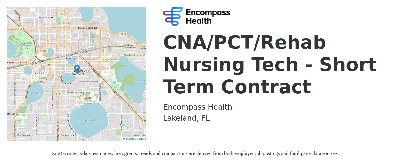 Encompass Health job posting for a CNA/PCT/Rehab Nursing Tech - Short Term Contract in Lakeland, FL with a salary of $16 to $18 Hourly with a map of Lakeland location.