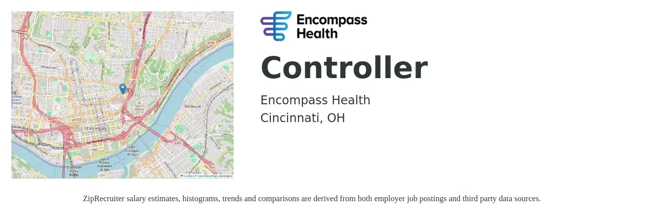 Encompass Health job posting for a Controller in Cincinnati, OH with a salary of $93,100 to $133,000 Yearly with a map of Cincinnati location.