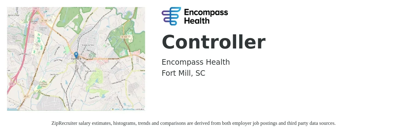 Encompass Health job posting for a Controller in Fort Mill, SC with a salary of $85,200 to $121,700 Yearly with a map of Fort Mill location.