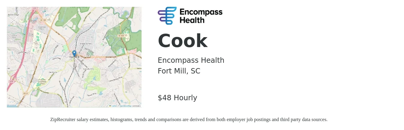 Encompass Health job posting for a Cook in Fort Mill, SC with a salary of $50 Hourly with a map of Fort Mill location.