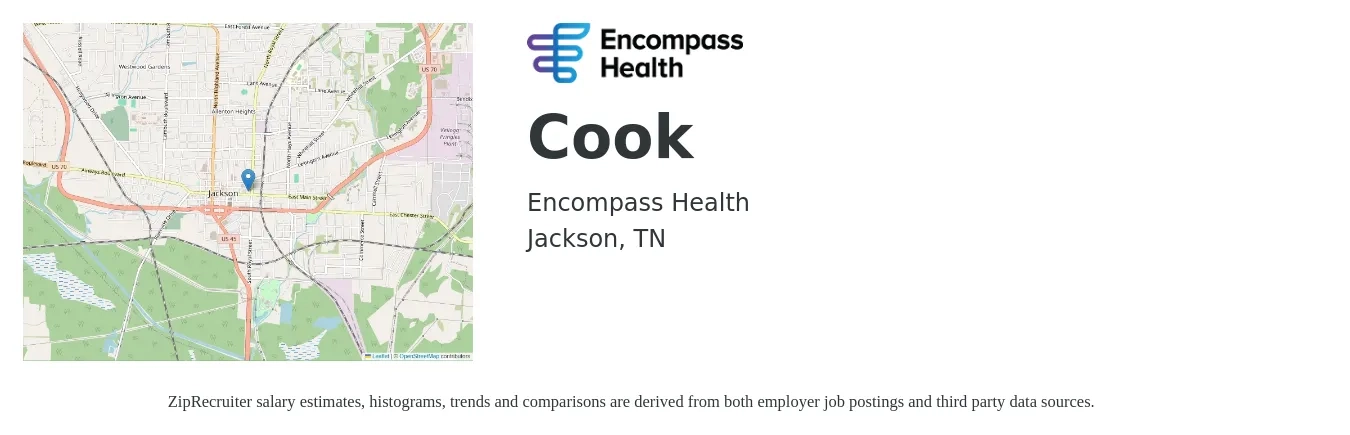 Encompass Health job posting for a Cook in Jackson, TN with a salary of $12 to $16 Hourly with a map of Jackson location.