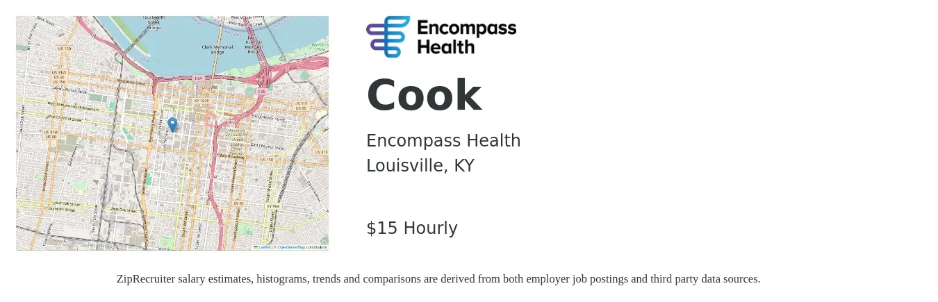 Encompass Health job posting for a Cook in Louisville, KY with a salary of $16 Hourly with a map of Louisville location.