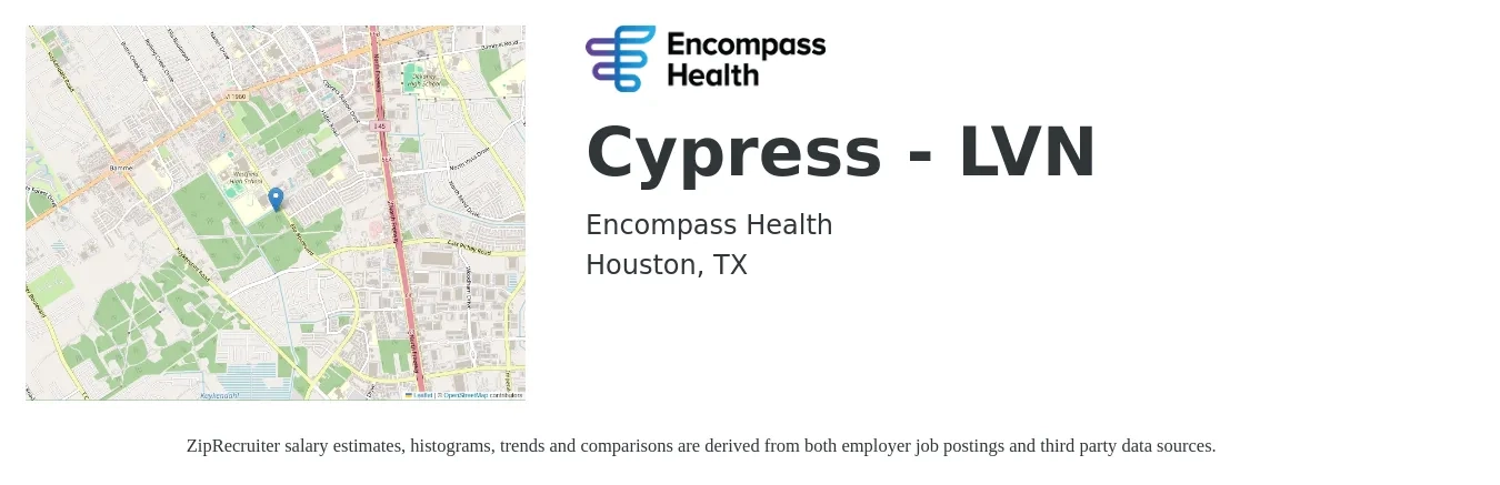 Encompass Health job posting for a Cypress - LVN in Houston, TX with a salary of $26 to $35 Hourly with a map of Houston location.