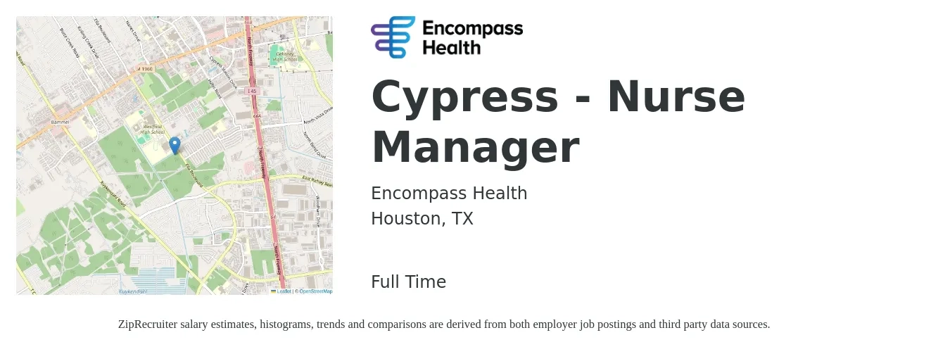 Encompass Health job posting for a Cypress - Nurse Manager in Houston, TX with a salary of $38 to $55 Hourly with a map of Houston location.