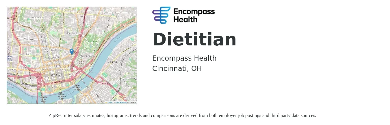 Encompass Health job posting for a Dietitian in Cincinnati, OH with a salary of $58,100 to $85,000 Yearly with a map of Cincinnati location.
