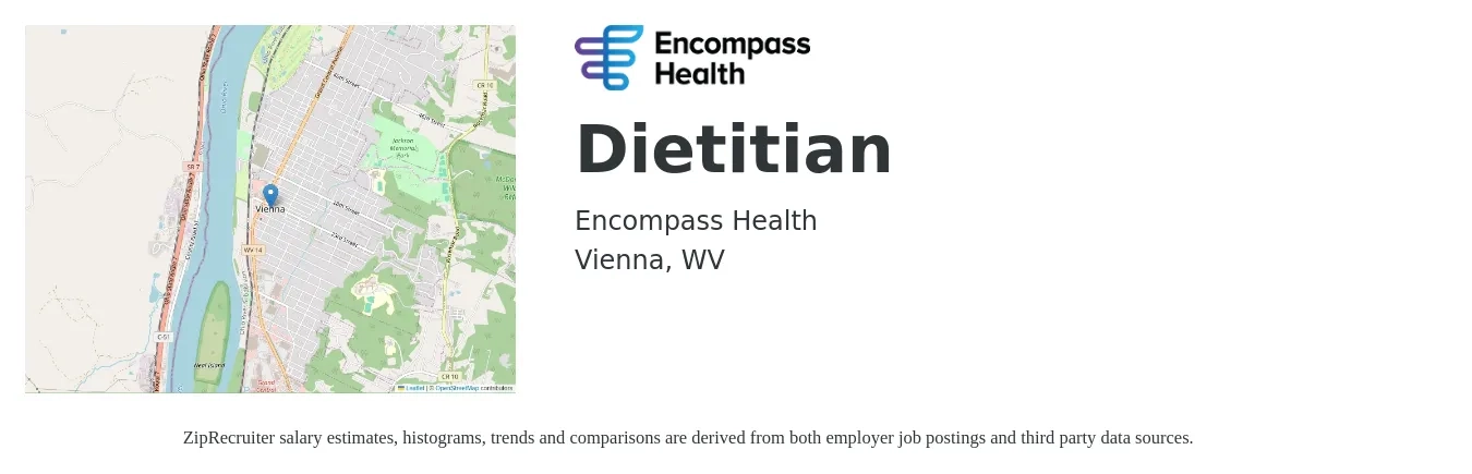 Encompass Health job posting for a Dietitian in Vienna, WV with a salary of $50,400 to $73,800 Yearly with a map of Vienna location.