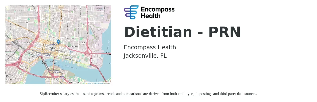 Encompass Health job posting for a Dietitian - PRN in Jacksonville, FL with a salary of $54,400 to $79,600 Yearly with a map of Jacksonville location.