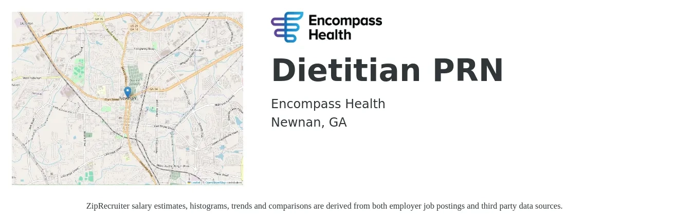 Encompass Health job posting for a Dietitian PRN in Newnan, GA with a salary of $54,600 to $79,900 Yearly with a map of Newnan location.