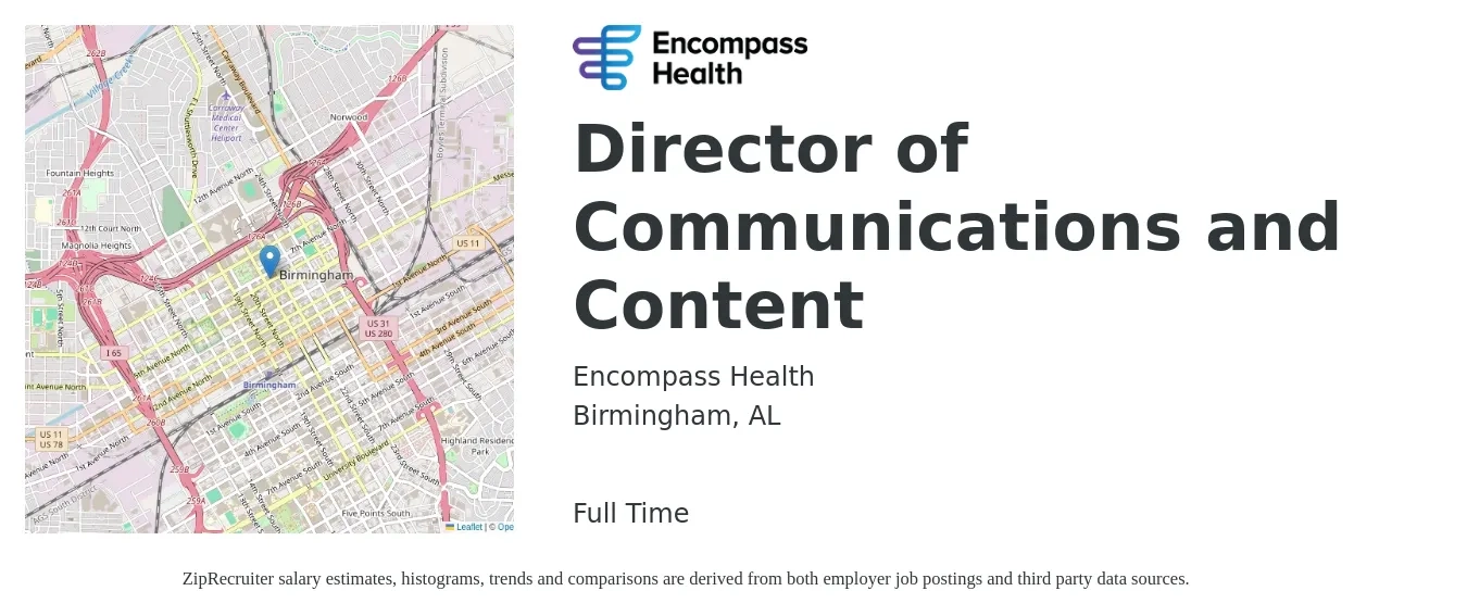 Encompass Health job posting for a Director of Communications and Content in Birmingham, AL with a salary of $69,400 to $118,100 Yearly with a map of Birmingham location.