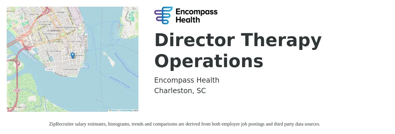Encompass Health job posting for a Director Therapy Operations in Charleston, SC with a salary of $92,000 to $178,400 Yearly with a map of Charleston location.
