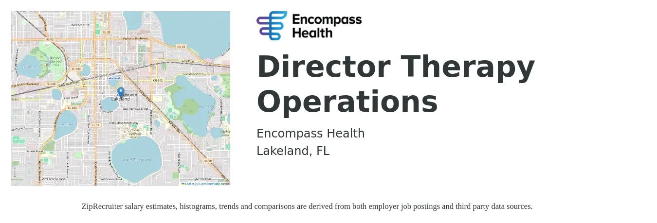 Encompass Health job posting for a Director Therapy Operations in Lakeland, FL with a salary of $89,800 to $174,000 Yearly with a map of Lakeland location.