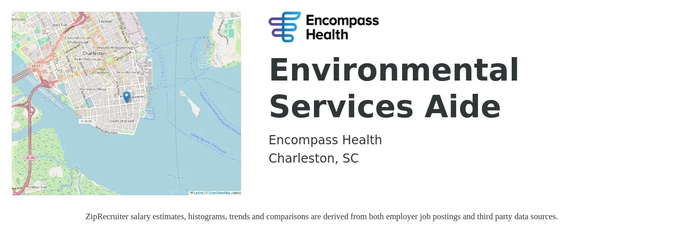 Encompass Health job posting for a Environmental Services Aide in Charleston, SC with a salary of $14 to $18 Hourly with a map of Charleston location.