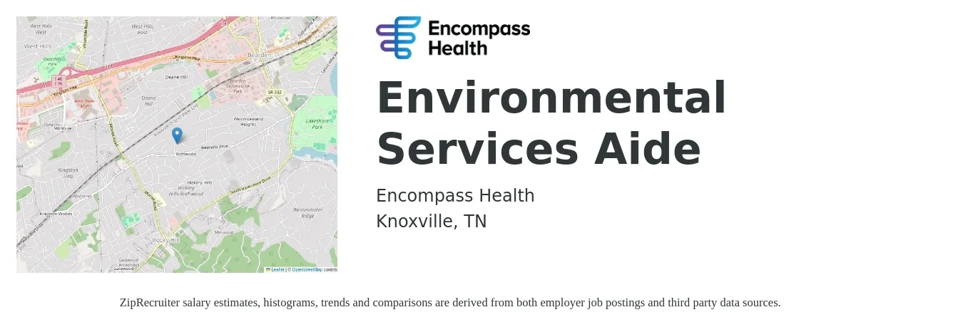 Encompass Health job posting for a Environmental Services Aide in Knoxville, TN with a salary of $14 to $18 Hourly with a map of Knoxville location.