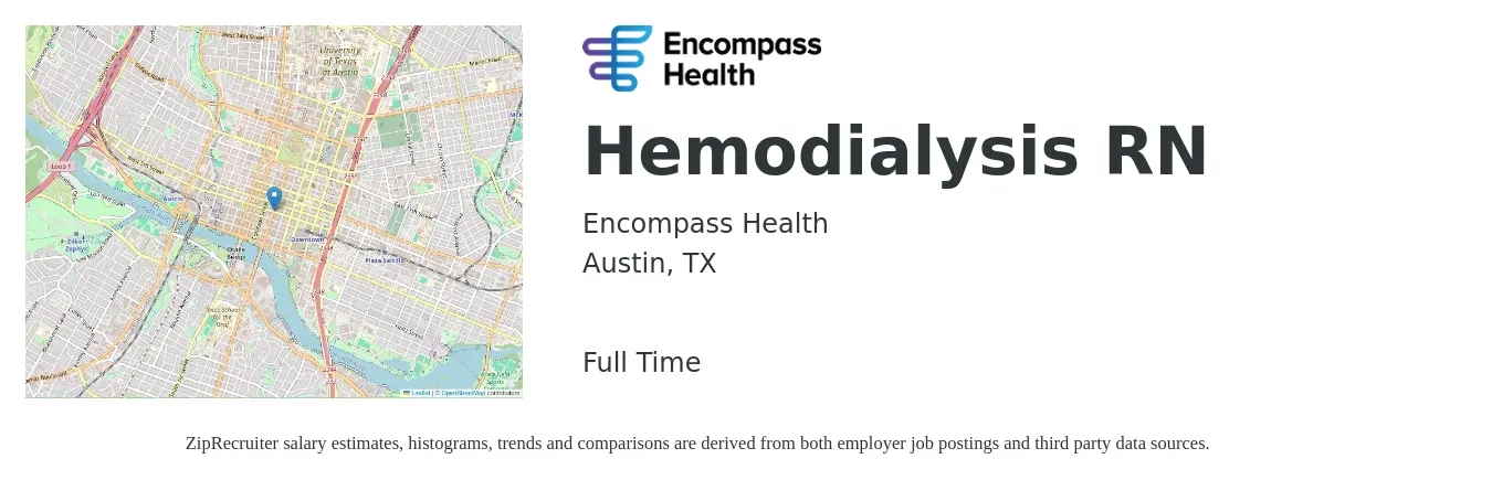 Encompass Health job posting for a Hemodialysis RN in Austin, TX with a salary of $1,760 to $2,450 Weekly with a map of Austin location.