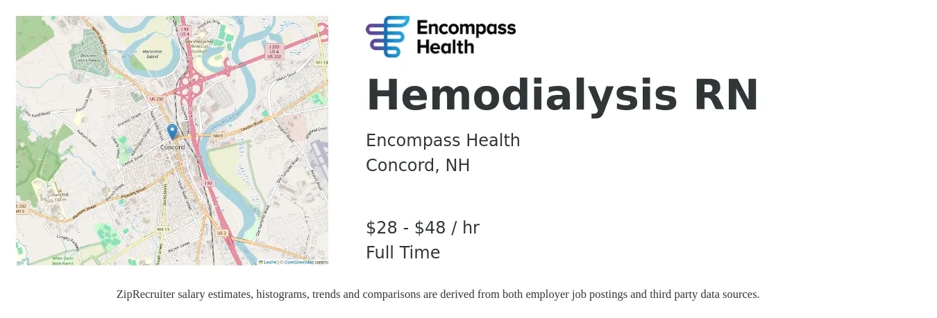 Encompass Health job posting for a Hemodialysis RN in Concord, NH with a salary of $30 Hourly with a map of Concord location.