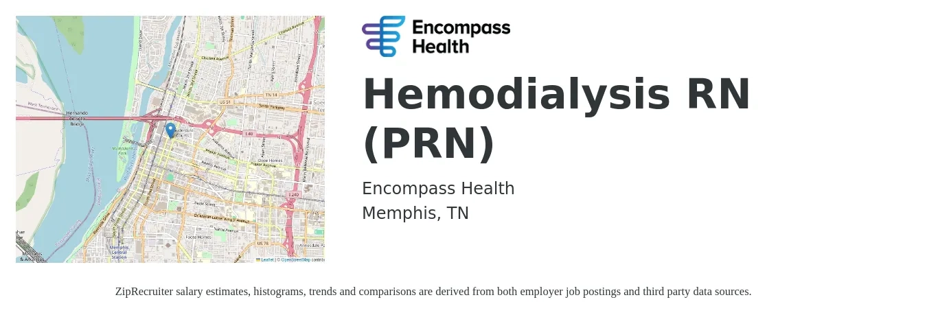 Encompass Health job posting for a Hemodialysis RN (PRN) in Memphis, TN with a salary of $32 to $50 Hourly with a map of Memphis location.