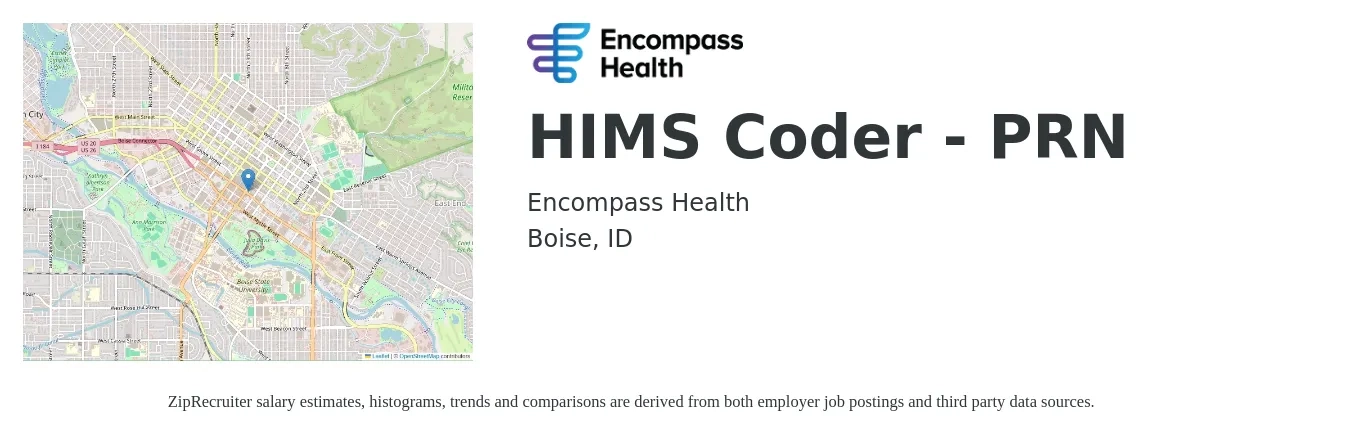 Encompass Health job posting for a HIMS Coder - PRN in Boise, ID with a salary of $21 to $25 Hourly with a map of Boise location.