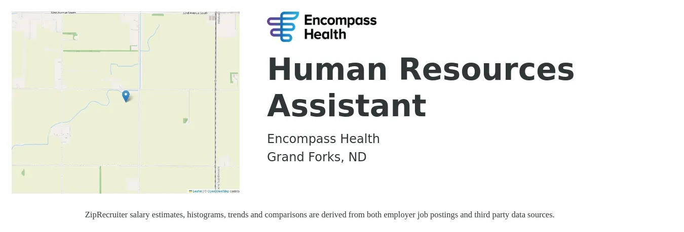 Encompass Health job posting for a Human Resources Assistant in Grand Forks, ND with a salary of $35,800 to $45,800 Yearly with a map of Grand Forks location.