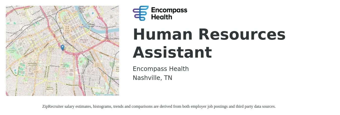 Encompass Health job posting for a Human Resources Assistant in Nashville, TN with a salary of $36,200 to $46,400 Yearly with a map of Nashville location.