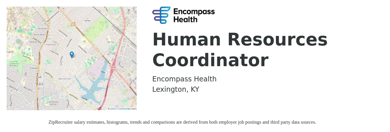 Encompass Health job posting for a Human Resources Coordinator in Lexington, KY with a salary of $18 to $24 Hourly with a map of Lexington location.