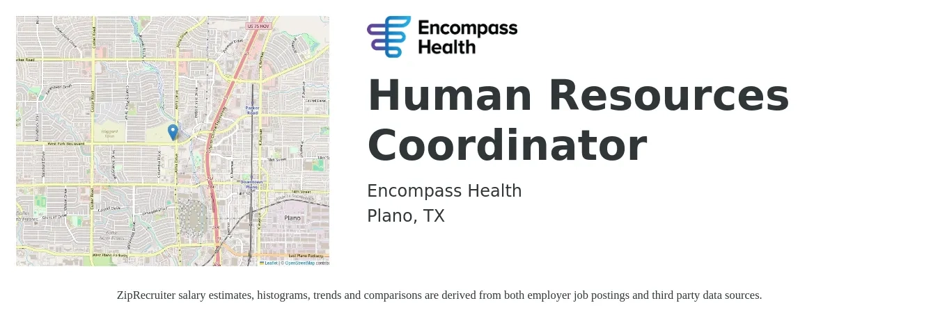 Encompass Health job posting for a Human Resources Coordinator in Plano, TX with a salary of $20 to $26 Hourly with a map of Plano location.