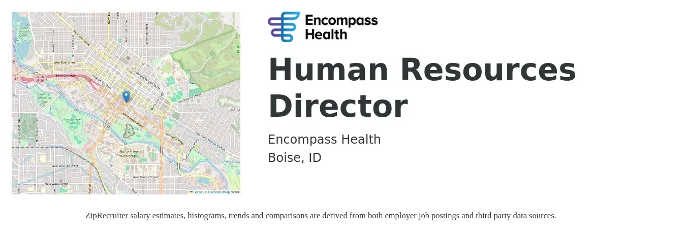 Encompass Health job posting for a Human Resources Director in Boise, ID with a salary of $84,200 to $129,900 Yearly with a map of Boise location.