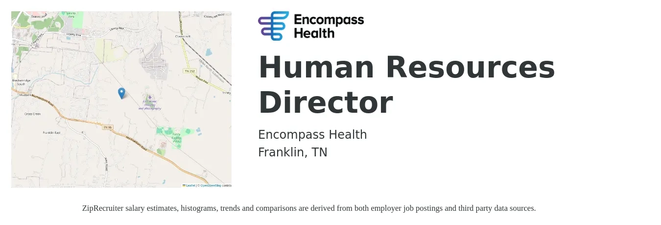 Encompass Health job posting for a Human Resources Director in Franklin, TN with a salary of $85,300 to $131,600 Yearly with a map of Franklin location.
