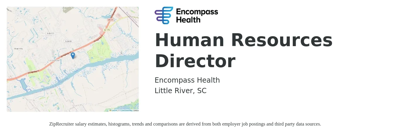 Encompass Health job posting for a Human Resources Director in Little River, SC with a salary of $83,100 to $128,100 Yearly with a map of Little River location.