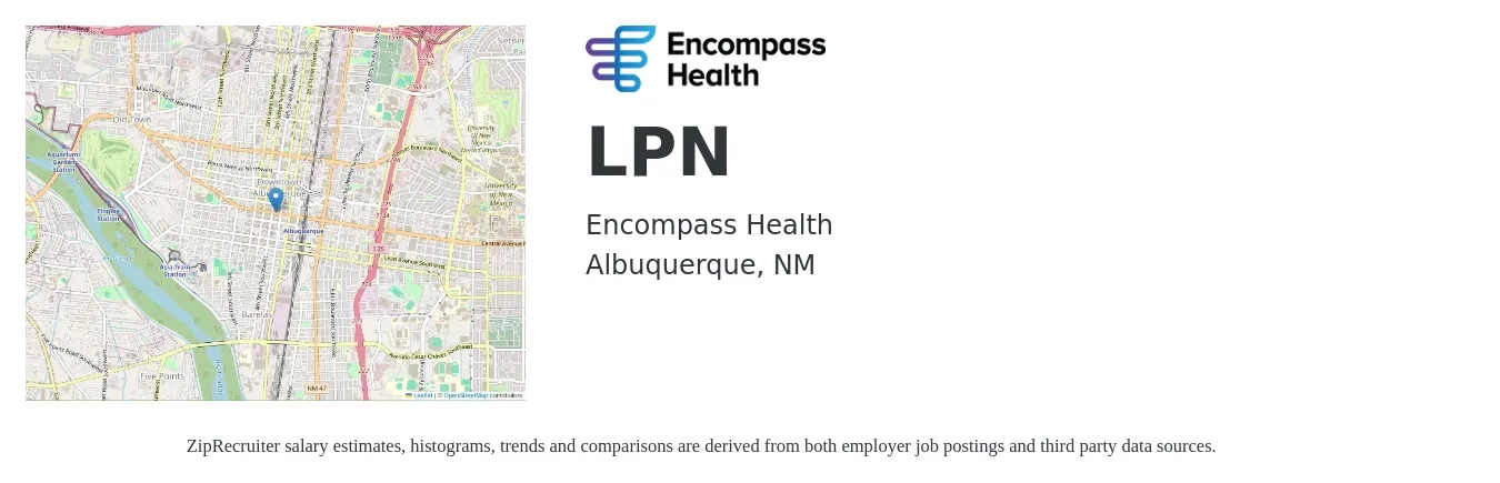 Encompass Health job posting for a LPN in Albuquerque, NM with a salary of $24 to $32 Hourly with a map of Albuquerque location.