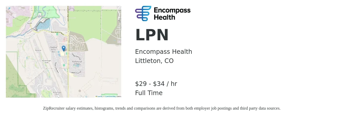 Encompass Health job posting for a LPN in Littleton, CO with a salary of $36 Hourly with a map of Littleton location.