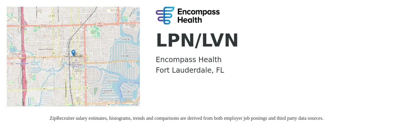 Encompass Health job posting for a LPN/LVN in Fort Lauderdale, FL with a salary of $1,130 to $1,590 Weekly with a map of Fort Lauderdale location.