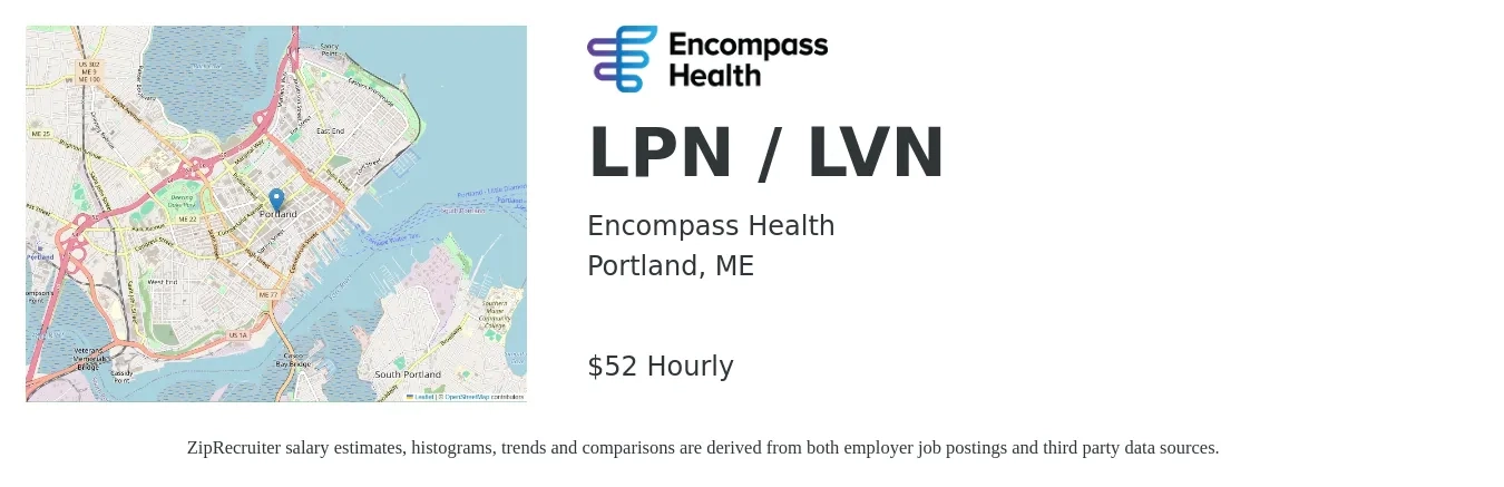 Encompass Health job posting for a LPN / LVN in Portland, ME with a salary of $27 to $33 Hourly with a map of Portland location.