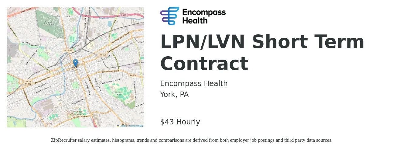 HealthSouth job posting for a LPN/LVN Short Term Contract in York, PA with a salary of $45 Hourly with a map of York location.