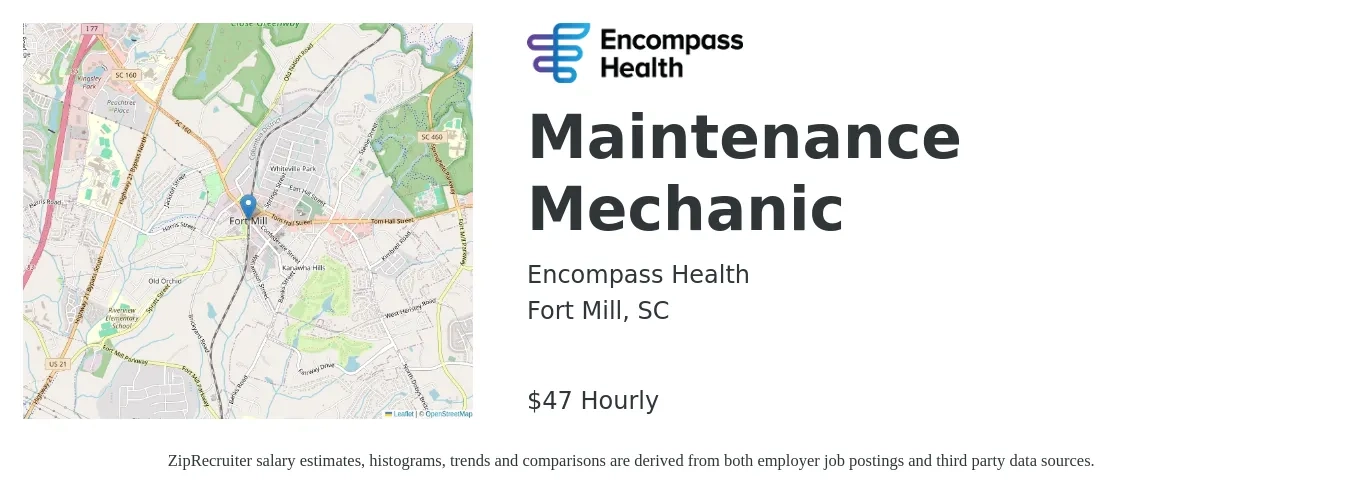 Encompass Health job posting for a Maintenance Mechanic in Fort Mill, SC with a salary of $49 Hourly with a map of Fort Mill location.