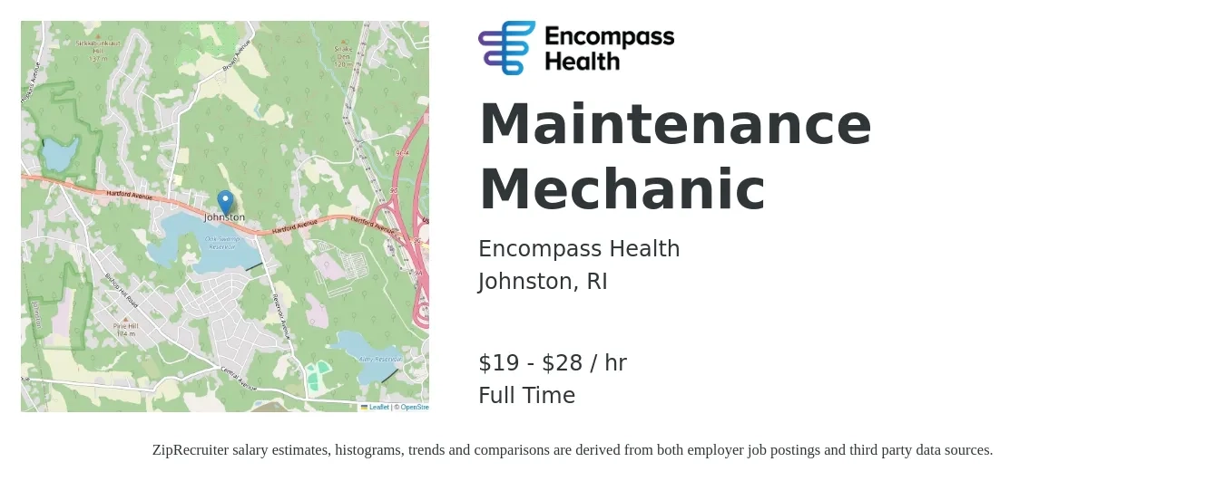 Encompass Health job posting for a Maintenance Mechanic in Johnston, RI with a salary of $20 Hourly with a map of Johnston location.