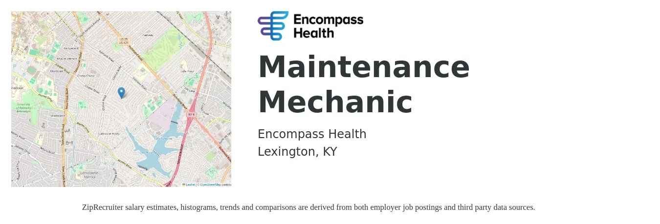 Encompass Health job posting for a Maintenance Mechanic in Lexington, KY with a salary of $22 to $28 Hourly with a map of Lexington location.