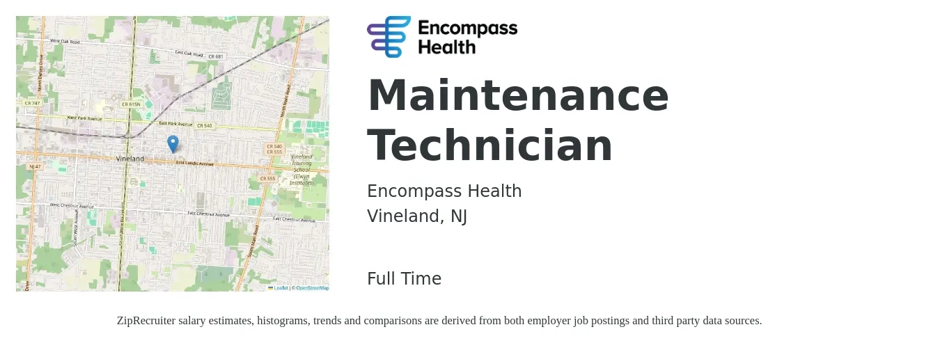 Encompass Health job posting for a Maintenance Technician in Vineland, NJ with a salary of $19 to $26 Hourly with a map of Vineland location.