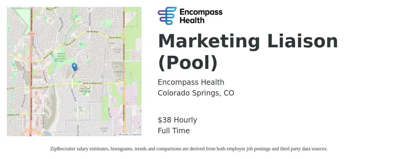 Encompass Health job posting for a Marketing Liaison (Pool) in Colorado Springs, CO with a salary of $40 Hourly with a map of Colorado Springs location.