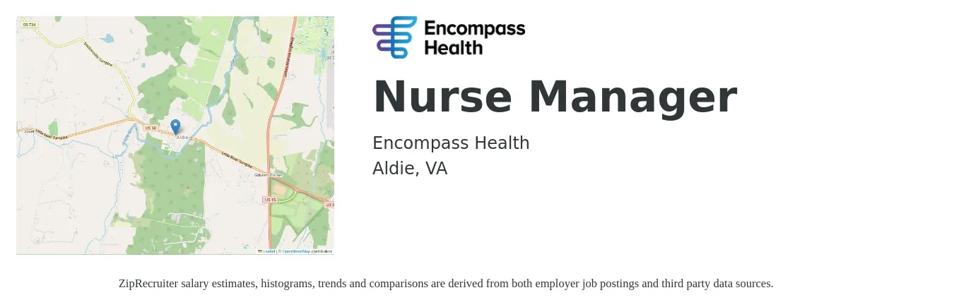 Encompass Health job posting for a Nurse Manager in Aldie, VA with a salary of $39 to $57 Hourly with a map of Aldie location.