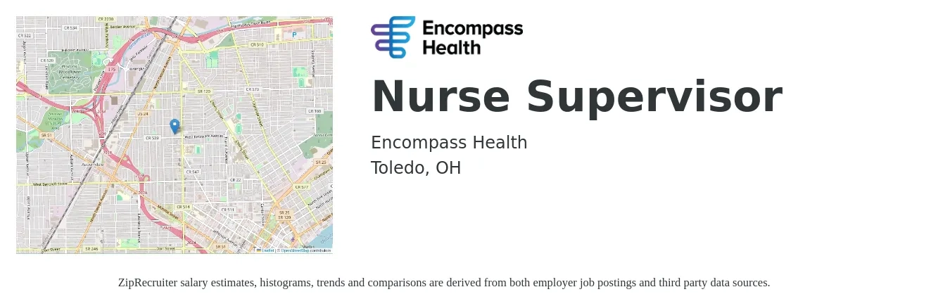 Encompass Health job posting for a Nurse Supervisor in Toledo, OH with a salary of $36 to $52 Hourly with a map of Toledo location.
