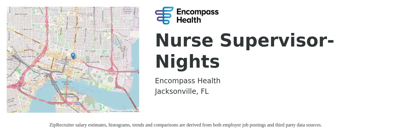 Encompass Health job posting for a Nurse Supervisor- Nights in Jacksonville, FL with a salary of $36 to $52 Hourly with a map of Jacksonville location.