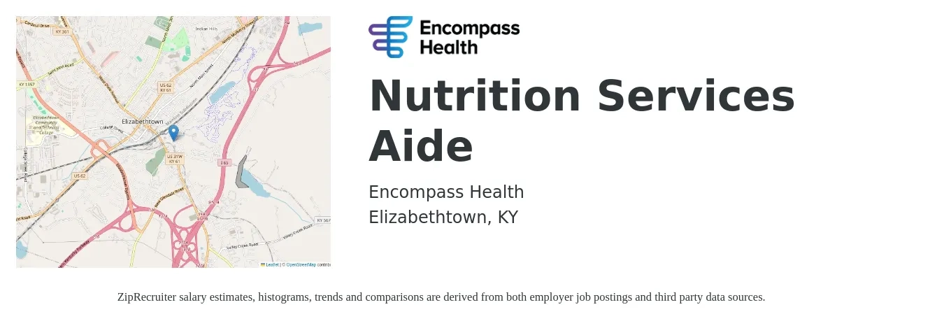 Encompass Health job posting for a Nutrition Services Aide in Elizabethtown, KY with a salary of $14 to $18 Hourly with a map of Elizabethtown location.