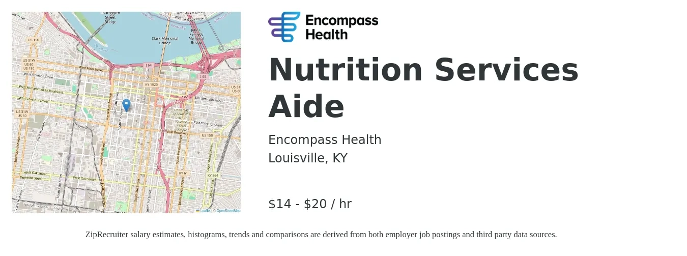 Encompass Health job posting for a Nutrition Services Aide in Louisville, KY with a salary of $15 Hourly with a map of Louisville location.