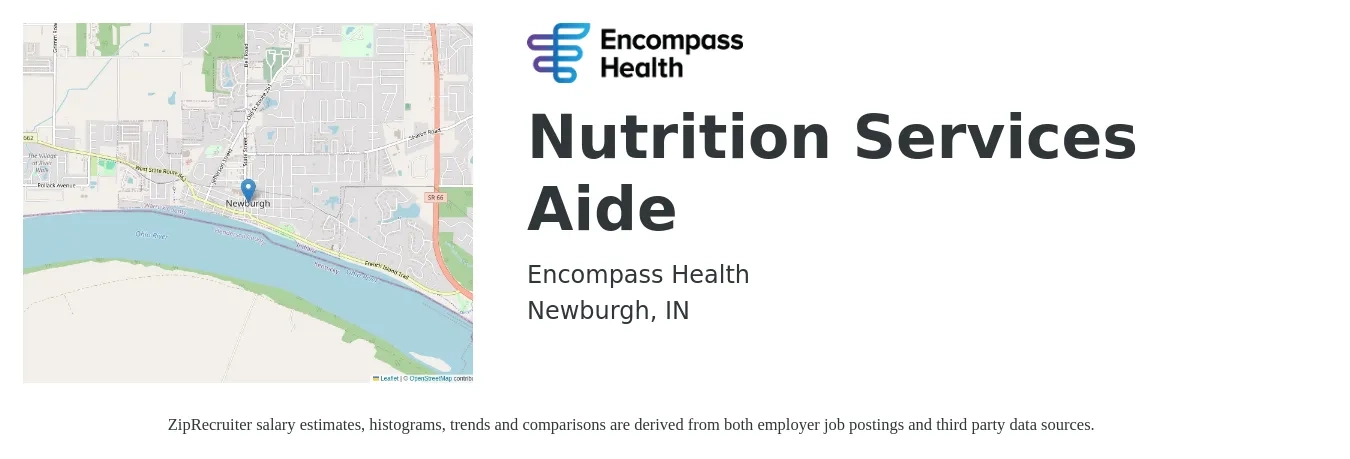 Encompass Health job posting for a Nutrition Services Aide in Newburgh, IN with a salary of $14 to $18 Hourly with a map of Newburgh location.